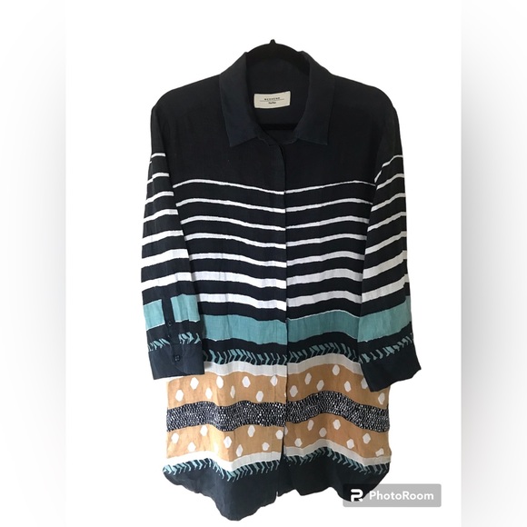 Multicolor And Multi Print Linen Collared Button Down Long Sleeve Shirt - Picture 8 of 9